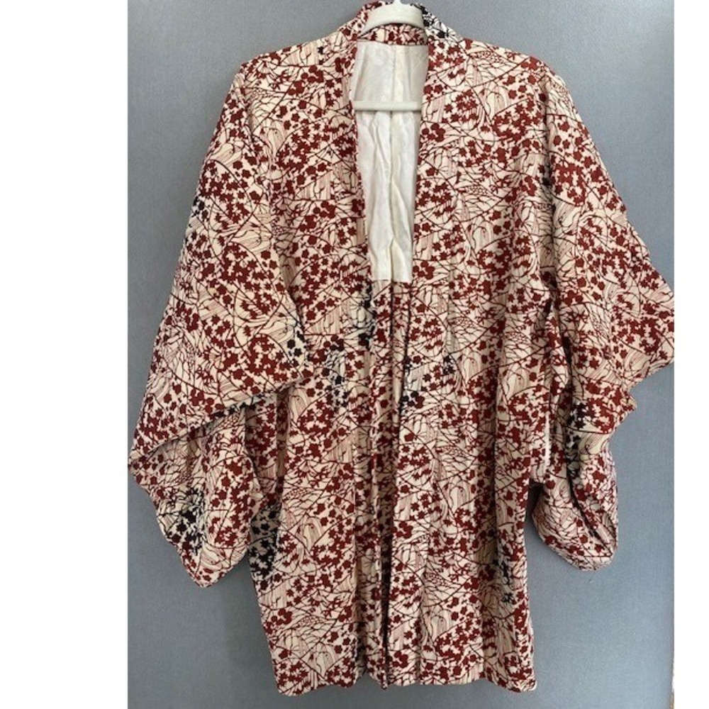 Vtg Japanese Kimono Jacket Red‎ Floral Print Silk Blend Open Front
